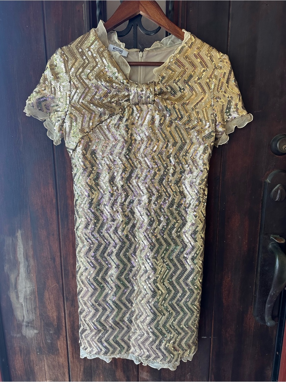 Moschino Gold Sequin Chevron Shift with Bow Detail